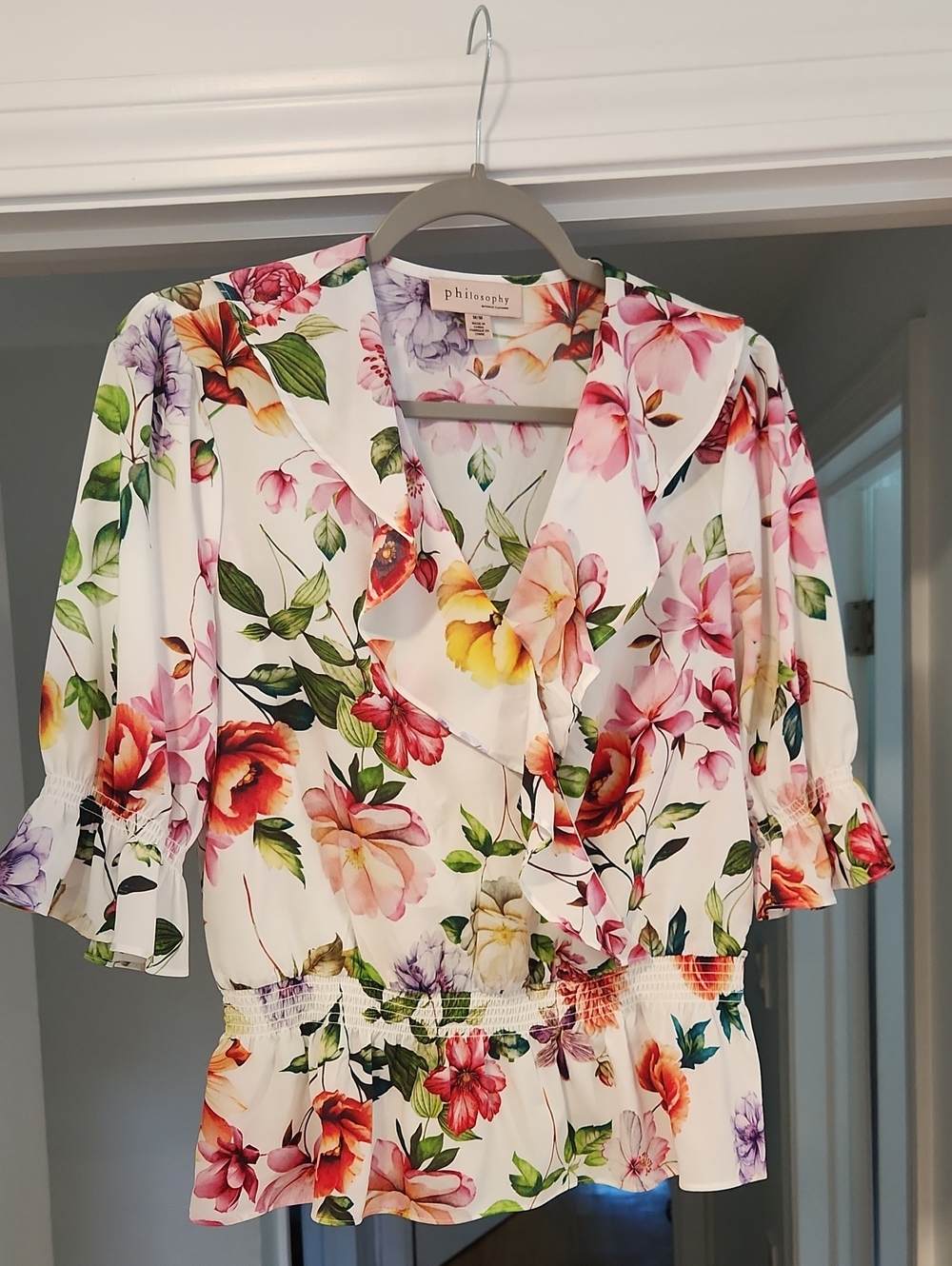 Philosophy Floral Smocked Peplum V-neck Blouse Size M